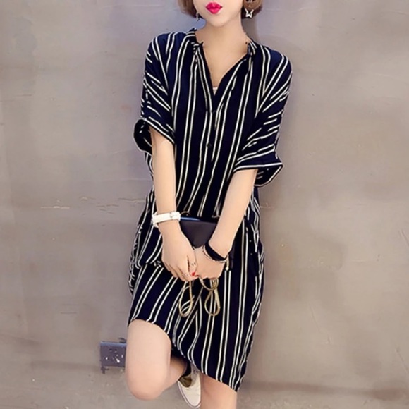 The Addison Black and White Striped Shirt Dress - Picture 3 of 8